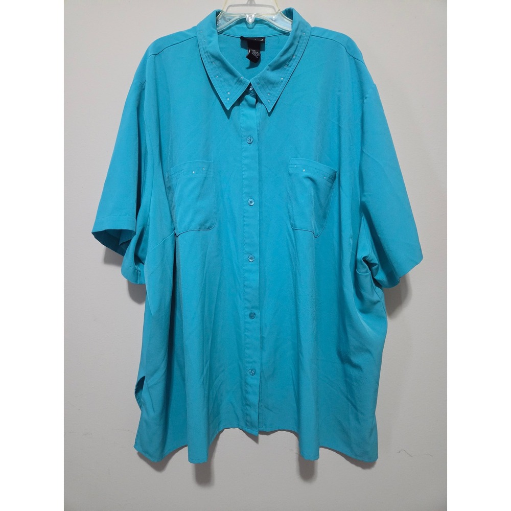 Maggie Barnes Womens 5X Turquoise Blue Rhinestone Button Up Short Sleeve Blouse